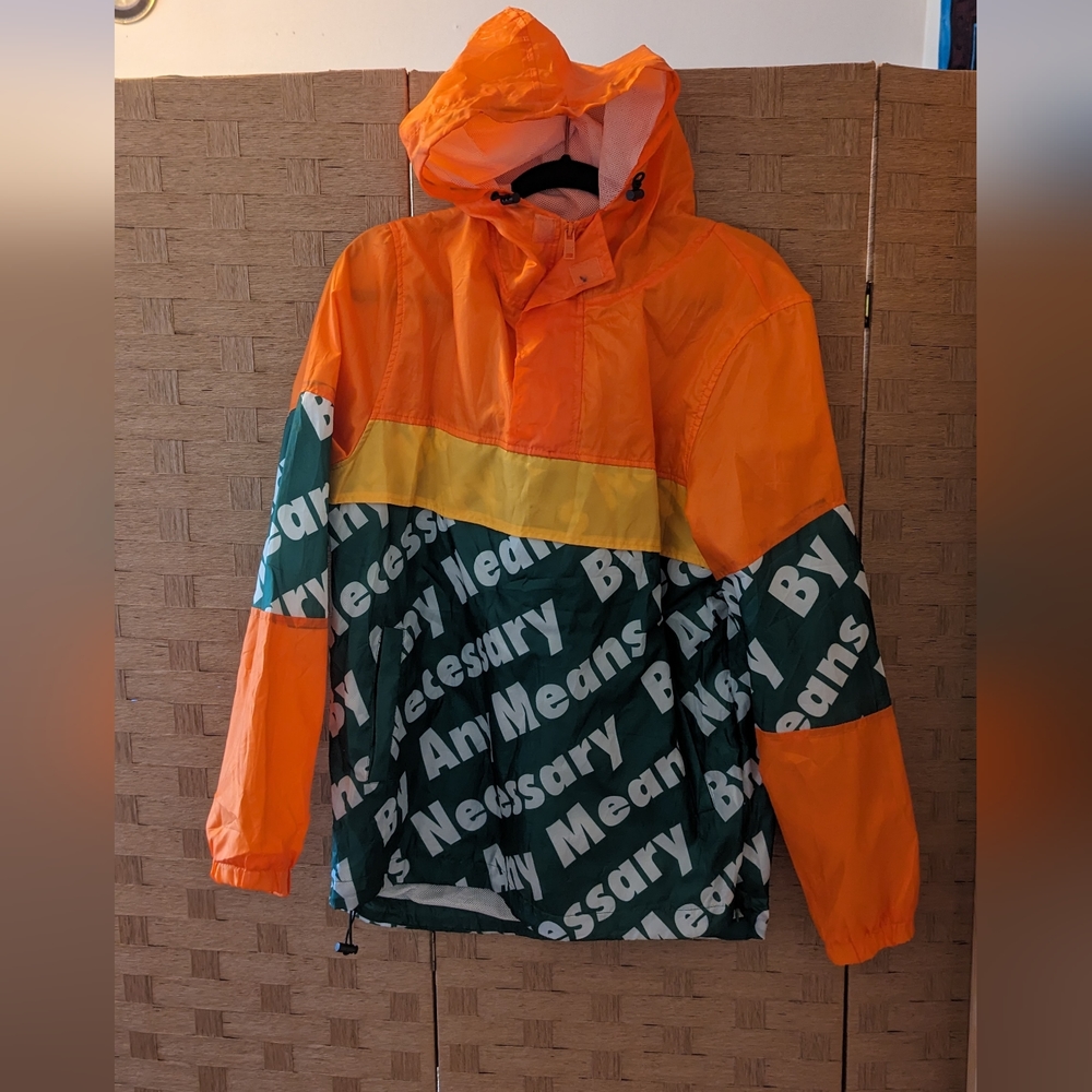 Orange, yellow and green street fashion rain jacket